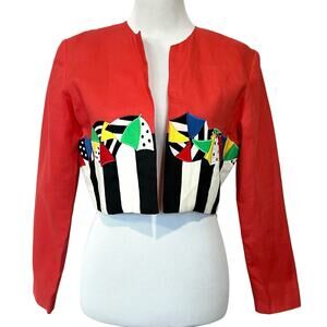 Deborah Laws Vintage Jacket Topper Colorful Embroidered Umbrellas Cropped Sz 6